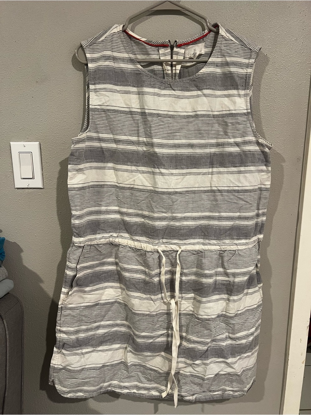 Caslon Gray & White Striped Sleeveless Drawstring Dress